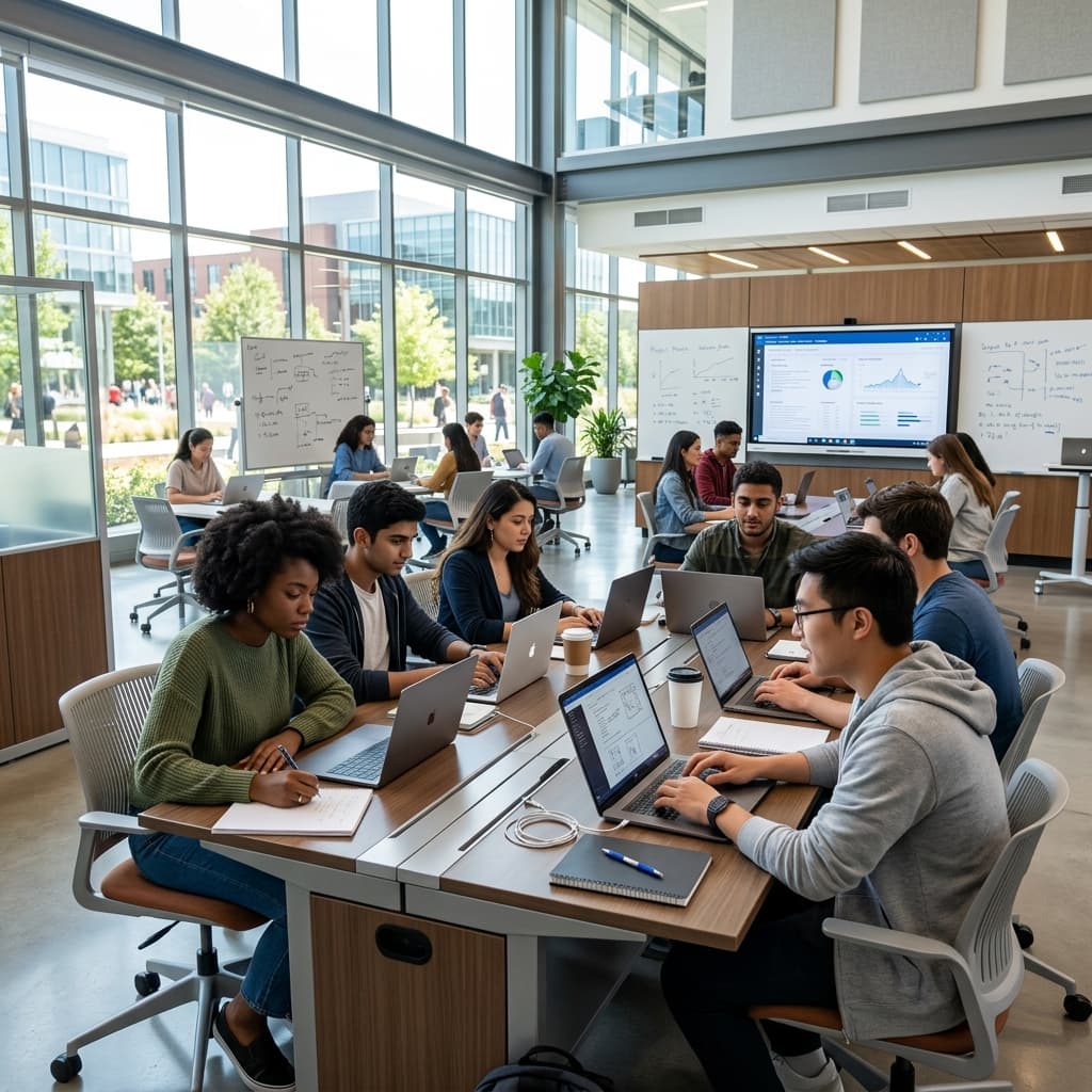 Students learning in a modern high-tech classroom